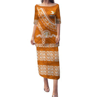 Custom Tailulu College Puletasi Tongan Kupesi Pattern LT05 Long Dress Orange - Polynesian Pride
