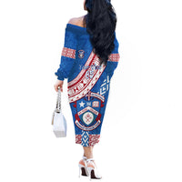 Custom Apifoou College Off The Shoulder Long Sleeve Dress Tongan Kupesi Pattern LT05 - Polynesian Pride