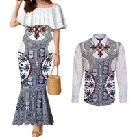 Hawaii Couples Matching Mermaid Dress and Long Sleeve Button Shirt Barkcloth Pattern Vintage Style LT05 Blue - Polynesian Pride