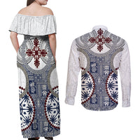 Hawaii Couples Matching Off Shoulder Maxi Dress and Long Sleeve Button Shirt Barkcloth Pattern Vintage Style LT05 - Polynesian Pride