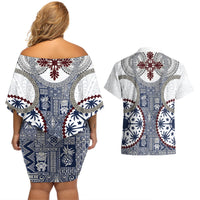 Hawaii Couples Matching Off Shoulder Short Dress and Hawaiian Shirt Barkcloth Pattern Vintage Style LT05 - Polynesian Pride