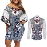 Hawaii Couples Matching Off Shoulder Short Dress and Long Sleeve Button Shirt Barkcloth Pattern Vintage Style LT05 Blue - Polynesian Pride