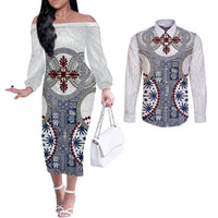 Hawaii Couples Matching Off The Shoulder Long Sleeve Dress and Long Sleeve Button Shirt Barkcloth Pattern Vintage Style LT05 Blue - Polynesian Pride