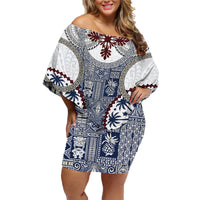 Hawaii Family Matching Off Shoulder Short Dress and Hawaiian Shirt Barkcloth Pattern Vintage Style LT05 Mom's Dress Blue - Polynesian Pride