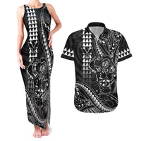 Hawaii Ikaika Warrior Helmet Couples Matching Tank Maxi Dress and Hawaiian Shirt Black Tribal Tattoo
