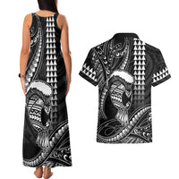 Hawaii Ikaika Warrior Helmet Couples Matching Tank Maxi Dress and Hawaiian Shirt Black Tribal Tattoo