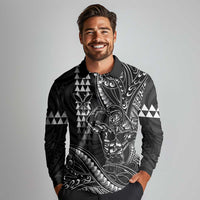 Hawaii Ikaika Warrior Helmet Long Sleeve Polo Shirt Black Tribal Tattoo