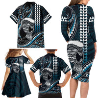 Hawaii Ikaika Warrior Helmet Family Matching Long Sleeve Bodycon Dress and Hawaiian Shirt Blue Tribal Tattoo