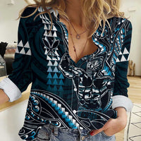 Hawaii Ikaika Warrior Helmet Women Casual Shirt Blue Tribal Tattoo