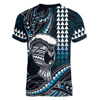 Hawaii Ikaika Warrior Helmet Women V-Neck T-Shirt Blue Tribal Tattoo