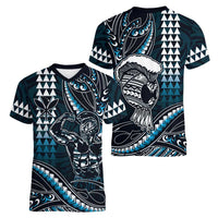 Hawaii Ikaika Warrior Helmet Women V-Neck T-Shirt Blue Tribal Tattoo