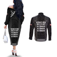 Aotearoa Toitu Te Tiriti Couples Matching Off The Shoulder Long Sleeve Dress and Long Sleeve Button Shirt No Kiwi Without Iwi