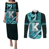 Personalised Hawaii Kapolei High School Couples Matching Puletasi and Long Sleeve Button Shirt Tribal Tattoo With Hibiscus Flowers