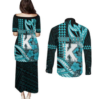Personalised Hawaii Kapolei High School Couples Matching Puletasi and Long Sleeve Button Shirt Tribal Tattoo With Hibiscus Flowers