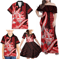 Personalised Hawaii Kalani High School Family Matching Off Shoulder Maxi Dress and Hawaiian Shirt Tribal Tattoo With Hibiscus Flowers