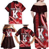 Personalised Hawaii Kalani High School Family Matching Off Shoulder Maxi Dress and Hawaiian Shirt Tribal Tattoo With Hibiscus Flowers