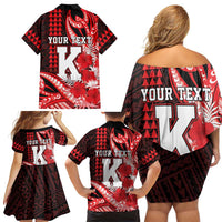 Personalised Hawaii Kalani High School Family Matching Off Shoulder Short Dress and Hawaiian Shirt Tribal Tattoo With Hibiscus Flowers
