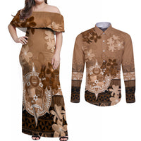 Tonga Emancipation Day Couples Matching Off Shoulder Maxi Dress and Long Sleeve Button Shirt Tongan Kupesi Ngatu Pattern Vintage Style LT05 Brown - Polynesian Pride