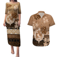 Tonga Emancipation Day Couples Matching Puletasi and Hawaiian Shirt Tongan Kupesi Ngatu Pattern Vintage Style LT05 Brown - Polynesian Pride