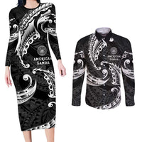 AAPI Heritage Month Couples Matching Long Sleeve Bodycon Dress and Long Sleeve Button Shirt American Samoa Polynesian Tribal Wave LT05 Black - Polynesian Pride