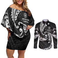 AAPI Heritage Month Couples Matching Off Shoulder Short Dress and Long Sleeve Button Shirt American Samoa Polynesian Tribal Wave LT05 Black - Polynesian Pride