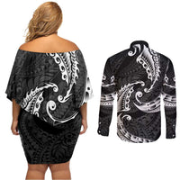 AAPI Heritage Month Couples Matching Off Shoulder Short Dress and Long Sleeve Button Shirt American Samoa Polynesian Tribal Wave LT05 - Polynesian Pride