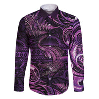 Aotearoa New Zealand Crocodile Family Matching Off The Shoulder Long Sleeve Dress and Hawaiian Shirt Silver Fern Maori Pattern LT05 Dad's Shirt - Long Sleeve Purple - Polynesian Pride