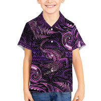 Aotearoa New Zealand Crocodile Family Matching Off The Shoulder Long Sleeve Dress and Hawaiian Shirt Silver Fern Maori Pattern LT05 Son's Shirt Purple - Polynesian Pride