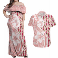 Samoa Teuila Couples Matching Off Shoulder Maxi Dress and Hawaiian Shirt Pink Samoan Siapo Motifs LT05 Pink - Polynesian Pride