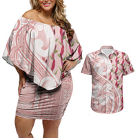 Samoa Teuila Couples Matching Off Shoulder Short Dress and Hawaiian Shirt Pink Samoan Siapo Motifs LT05 Pink - Polynesian Pride