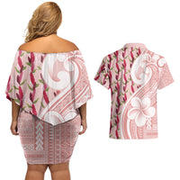 Samoa Teuila Couples Matching Off Shoulder Short Dress and Hawaiian Shirt Pink Samoan Siapo Motifs