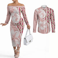 Samoa Teuila Couples Matching Off The Shoulder Long Sleeve Dress and Long Sleeve Button Shirt Pink Samoan Siapo Motifs LT05 Pink - Polynesian Pride