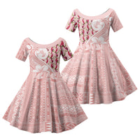 Samoa Teuila Family Matching Off Shoulder Maxi Dress and Hawaiian Shirt Pink Samoan Siapo Motifs LT05 Daughter's Dress Pink - Polynesian Pride