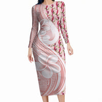Samoa Teuila Long Sleeve Bodycon Dress Pink Samoan Siapo Motifs LT05 Long Dress Pink - Polynesian Pride