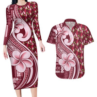 Samoa Teuila Couples Matching Long Sleeve Bodycon Dress and Hawaiian Shirt Maroon Samoan Siapo Motifs