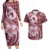 Samoa Teuila Couples Matching Long Sleeve Bodycon Dress and Hawaiian Shirt Maroon Samoan Siapo Motifs LT05 Maroon - Polynesian Pride