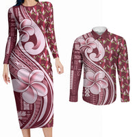Samoa Teuila Couples Matching Long Sleeve Bodycon Dress and Long Sleeve Button Shirt Maroon Samoan Siapo Motifs LT05 Maroon - Polynesian Pride
