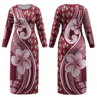 Samoa Teuila Couples Matching Long Sleeve Bodycon Dress and Long Sleeve Button Shirt Maroon Samoan Siapo Motifs LT05 - Polynesian Pride