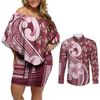 Samoa Teuila Couples Matching Off Shoulder Short Dress and Long Sleeve Button Shirt Maroon Samoan Siapo Motifs LT05 Maroon - Polynesian Pride