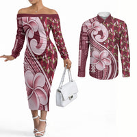 Samoa Teuila Couples Matching Off The Shoulder Long Sleeve Dress and Long Sleeve Button Shirt Maroon Samoan Siapo Motifs LT05 Maroon - Polynesian Pride