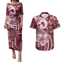 Samoa Teuila Couples Matching Puletasi and Hawaiian Shirt Maroon Samoan Siapo Motifs LT05 Maroon - Polynesian Pride