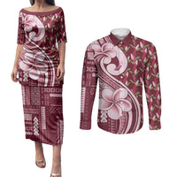 Samoa Teuila Couples Matching Puletasi and Long Sleeve Button Shirt Maroon Samoan Siapo Motifs LT05 Maroon - Polynesian Pride