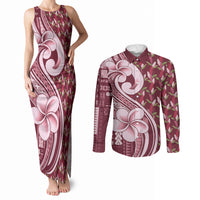 Samoa Teuila Couples Matching Tank Maxi Dress and Long Sleeve Button Shirt Maroon Samoan Siapo Motifs LT05 Maroon - Polynesian Pride