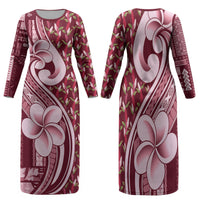 Samoa Teuila Family Matching Long Sleeve Bodycon Dress and Hawaiian Shirt Maroon Samoan Siapo Motifs LT05 Mom's Dress Maroon - Polynesian Pride