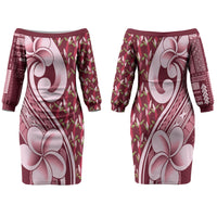 Samoa Teuila Family Matching Off The Shoulder Long Sleeve Dress and Hawaiian Shirt Maroon Samoan Siapo Motifs LT05 Mom's Dress Maroon - Polynesian Pride