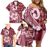 Samoa Teuila Family Matching Off Shoulder Short Dress and Hawaiian Shirt Maroon Samoan Siapo Motifs