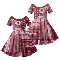 Samoa Teuila Family Matching Off Shoulder Short Dress and Hawaiian Shirt Maroon Samoan Siapo Motifs LT05 Daughter's Dress Maroon - Polynesian Pride