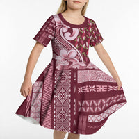 Samoa Teuila Kid Short Sleeve Dress Maroon Samoan Siapo Motifs LT05 - Polynesian Pride