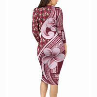 Samoa Teuila Long Sleeve Bodycon Dress Maroon Samoan Siapo Motifs LT05 - Polynesian Pride