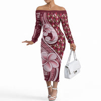 Samoa Teuila Off The Shoulder Long Sleeve Dress Maroon Samoan Siapo Motifs LT05 Women Maroon - Polynesian Pride
